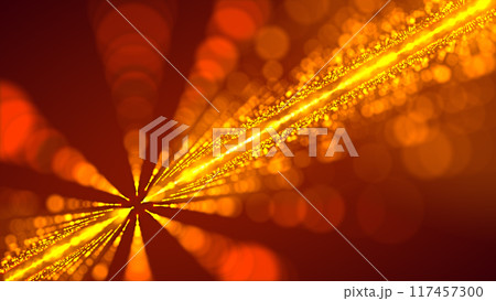 Abstract red orange gradient background, with bright yellow lights. Perspective, abstract landscape of lines in focus. Digital background in orange color. Abstract	 117457300