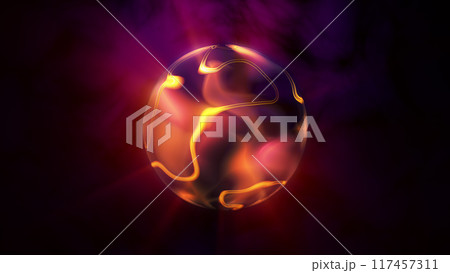 Abstract magical crystal glass ball glows with yellow rays on a smoky purple background. Transparent fairytale round bright sphere dark fog background. Airy 3D energy orb	 117457311