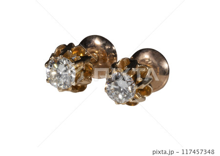 Diamond Earrings Isolated on White Background. Yellow Gold Diamond Earring Pair with 750 Stamp Denoting 18-Carat Yellow Gold. Diamond Earrings Isolated on White Background. Yellow Gold Diamond Earring Pair with 750 Stamp Denoting 18-Carat Yellow Gold. 117457348