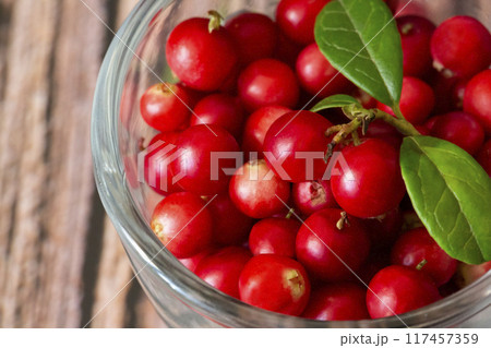 Cranberry berries close-up. Lingonberries in a basket on wooden background. 117457359