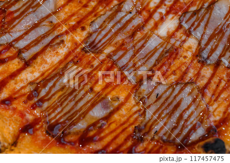 Pizza with salami and prosciutto. Meat pizza with cheese 117457475