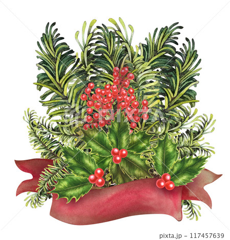 Christmas bouquet with paper ribbon banner with green fir branches, holly berries. Watercolor botanical illustration isolated on white back. Vintage rolled up template for text. Rolled paper in red 117457639