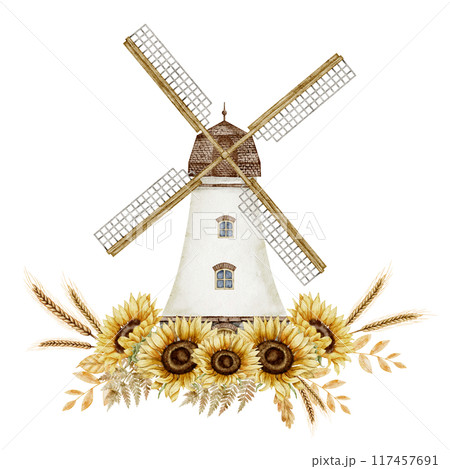 Watercolor Windmill with Sunflowers and Wheat. Illustration of vintage wind mill with autumn yellow flowers and spikelet. Drawing of rustic building with fall plants for harvest festival greeting card 117457691