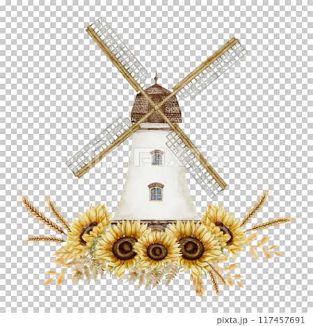 Watercolor Windmill with Sunflowers and Wheat. Illustration of vintage wind mill with autumn yellow flowers and spikelet. Drawing of rustic building with fall plants for harvest festival greeting card 117457691