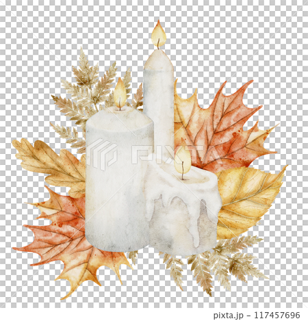 Candles with fall leaves watercolor illustration. Drawing of autumn plants with candlelight on isolated background. Art for harvest festival greeting cards or wedding invitations. 117457696