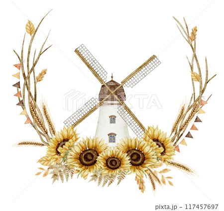 Watercolor Windmill with Sunflower Floral Border Illustration. Drawing with autumn Flowers, wind mill and fall branches for harvest festival greeting card or wedding invitation. Fall composition. 117457697