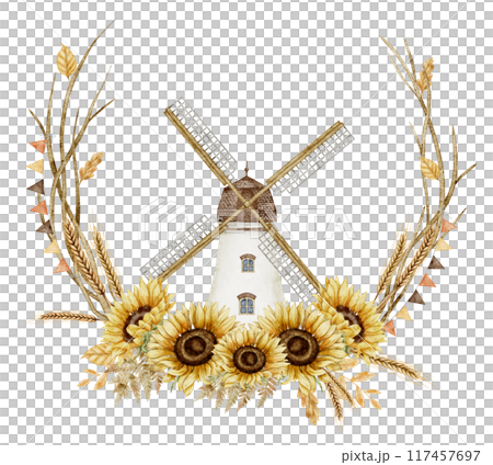 Watercolor Windmill with Sunflower Floral Border Illustration. Drawing with autumn Flowers, wind mill and fall branches for harvest festival greeting card or wedding invitation. Fall composition. 117457697