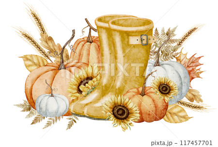 Watercolor autumn illustration with Pumpkins. Sunflowers and yellow rubber boots. Drawing with fall orange leaves and wheats for harvest festival greeting cards or invitations. Rustic painting. 117457701