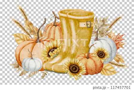 Watercolor autumn illustration with Pumpkins. Sunflowers and yellow rubber boots. Drawing with fall orange leaves and wheats for harvest festival greeting cards or invitations. Rustic painting. 117457701