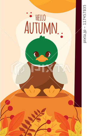 Cute duck with autumn leaves and text Hello Autumn, Vector 117457835