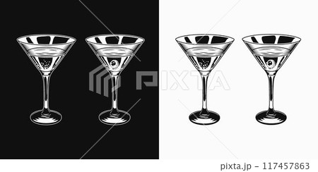 Halloween cocktail in martini glass with eyeball. Poison potion. Black and white illustration. Vintage style Halloween cocktail in martini glass with eyeball. Poison potion. Black and white illustration. Vintage style 117457863