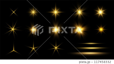 Gold Glow lighting Star. Collection of different light effects on black background. Transparent Sparkling stars. Realistic vector illustration 117458332