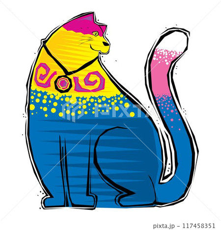 Funny doodle cat. Cute naive cartoon kitten, childish colorful animal character 117458351
