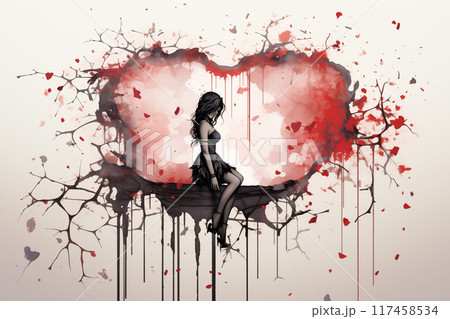 An artistic representation of heartbreak with a woman silhouetted against a broken heart background 117458534