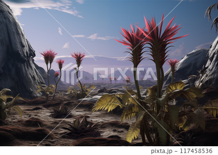 Vibrant alien landscape with unusual flora in a surreal martian environment at dusk 117458536
