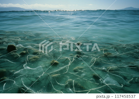 Underwater view of jellyfish and rocks at coastal location during early morning light 117458537