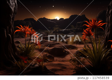 A breathtaking sunrise over alien landscape with vibrant red flowers and rocky terrain 117458539
