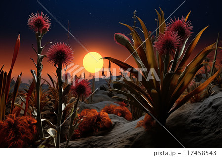 Vibrant desert landscape with unusual flora and setting sun at dusk 117458543