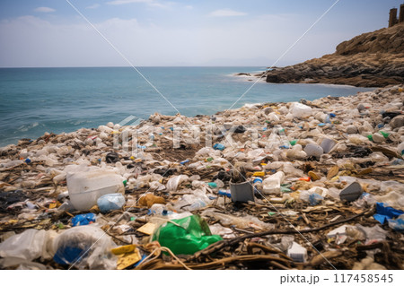 Vast accumulation of plastic waste along rocky shoreline under clear blue sky 117458545