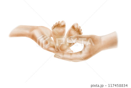 Parents hands holding newborn child feet watercolor isolated illustration. Mother, father and baby as a simbol of family love clipart for Prematurity day,maternity and birth designs in realistic style 117458834
