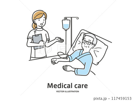 年配の男性の入院患者の容態をチェックする看護師 年配の男性の入院患者の容態をチェックする看護師 117459153