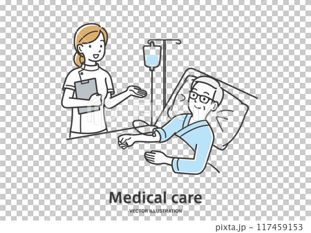 年配の男性の入院患者の容態をチェックする看護師 年配の男性の入院患者の容態をチェックする看護師 117459153