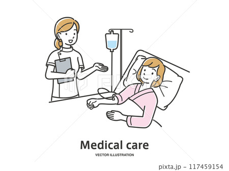 若い女性の入院患者の容態をチェックする看護師 若い女性の入院患者の容態をチェックする看護師 117459154