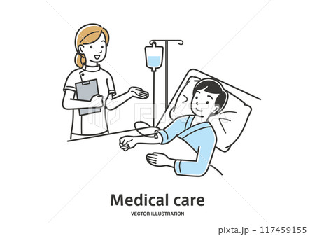 若い男性の入院患者の容態をチェックする看護師 117459155