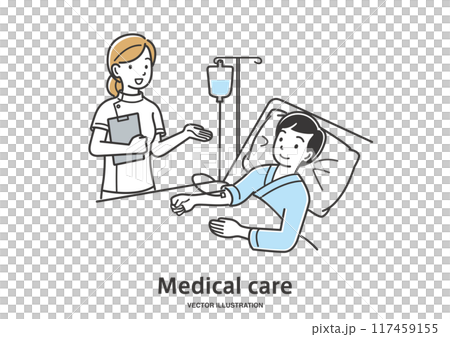 若い男性の入院患者の容態をチェックする看護師 117459155