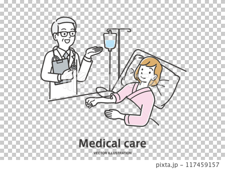 若い女性の入院患者を診察する男性医師 若い女性の入院患者を診察する男性医師 117459157