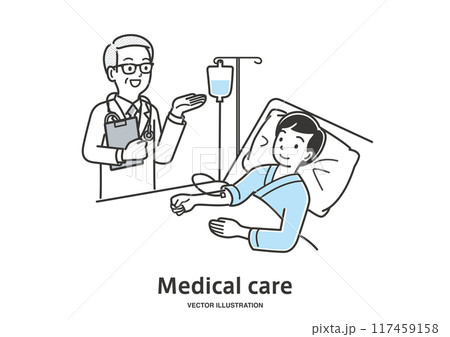 若い男性の入院患者を診察する男性医師 若い男性の入院患者を診察する男性医師 117459158
