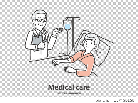 年配の女性の入院患者を診察する男性医師 117459159