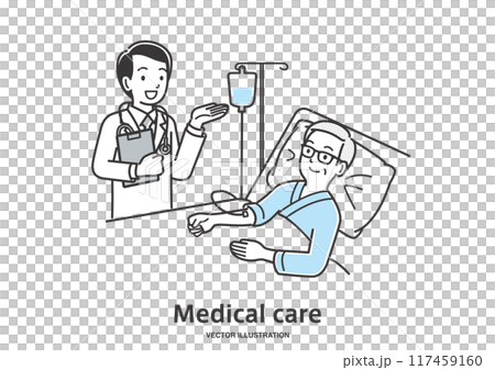 A male doctor examining an elderly male inpatient 117459160