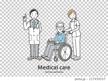 一名護士推著輪椅、一名年長婦女和一名醫生的插圖 117459337