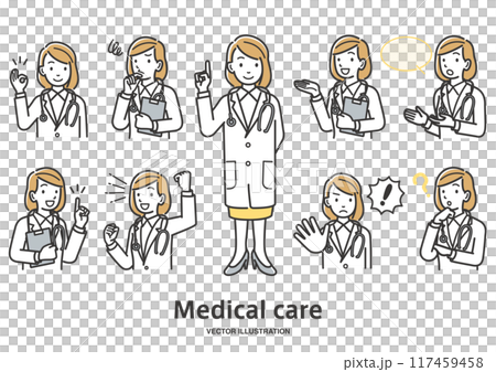女醫生面部表情和手勢的變異插圖集 117459458