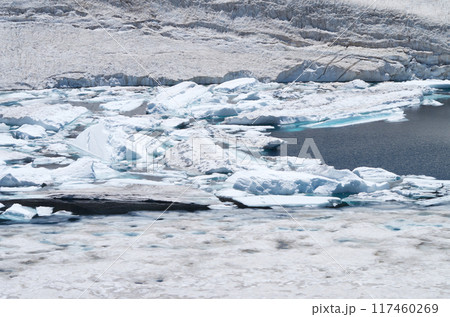 6月解氷進む立山室堂平ミクリガ池の雪筏 117460269