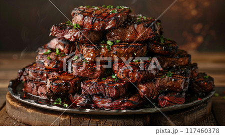 Plate with A Stack of Several Grilled Steaks. Generative AI. 117460378