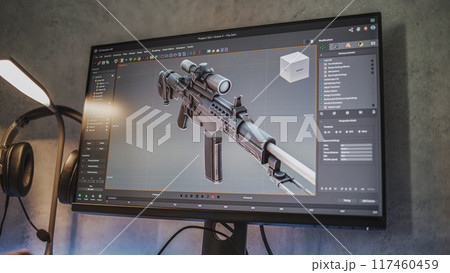 Professional design software with 3D model of sniper rifle on computer monitor Professional design software with 3D model of sniper rifle on computer monitor 117460459