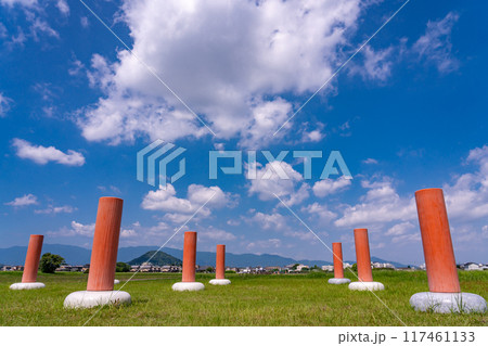 奈良県橿原市　盛夏の藤原宮跡と畝傍山 117461133