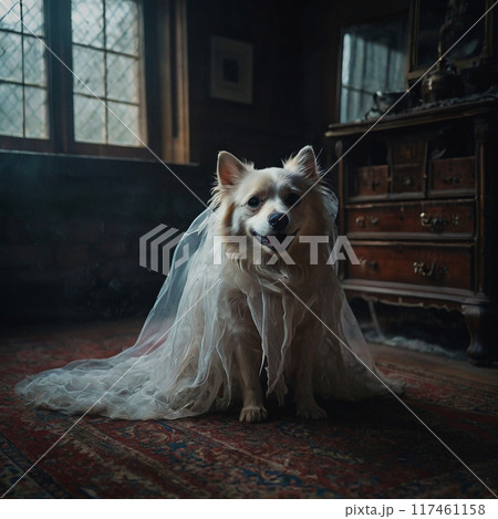 White Ghost Dog in Veil Sitting on Floor 117461158