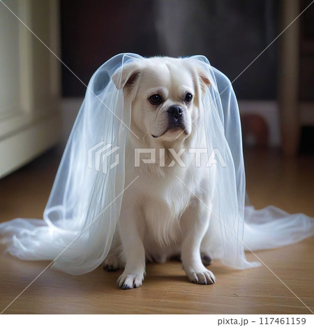 White Ghost Dog in Veil Sitting on Floor 117461159