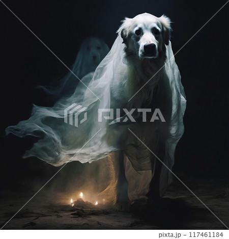 A ghostly white dog runs through the fire 117461184