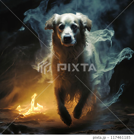 A ghostly white dog runs through the fire 117461185