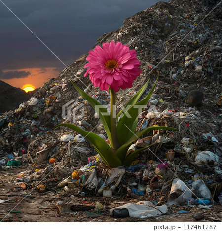 Pink flower among mountains of garbage 117461287