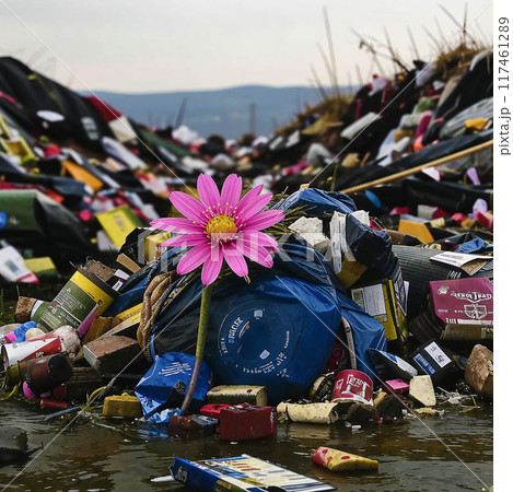 Pink flower among mountains of garbage 117461289