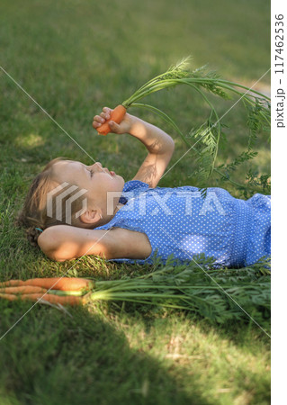 The girl is relaxing lying on the lawn eating fresh healthy carrots The girl is relaxing lying on the lawn eating fresh healthy carrots 117462536