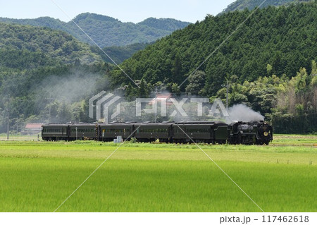 田園広がる、阿東徳佐を快走する SLやまぐち号 田園広がる、阿東徳佐を快走する SLやまぐち号 117462618