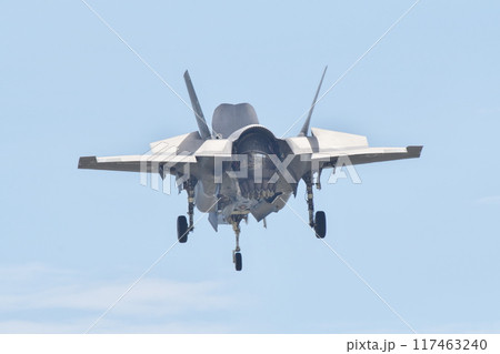 岩国基地でホバリングで飛行を行うアメリカ海兵隊のF-35B 岩国基地でホバリングで飛行を行うアメリカ海兵隊のF-35B 117463240