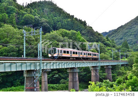 水上駅を目指し、上越線 鉄橋を行く電車 水上駅を目指し、上越線 鉄橋を行く電車 117463458