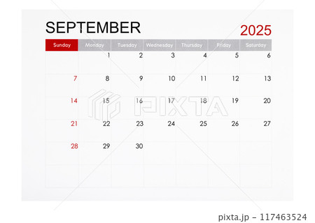 September 2025 monthly calendar page isolated on white background. 117463524